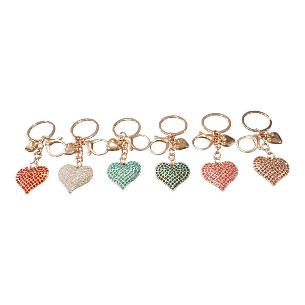 SET Of 6! Dazzling Rhinestone Heart Keychain Purse Charm Gold Tone